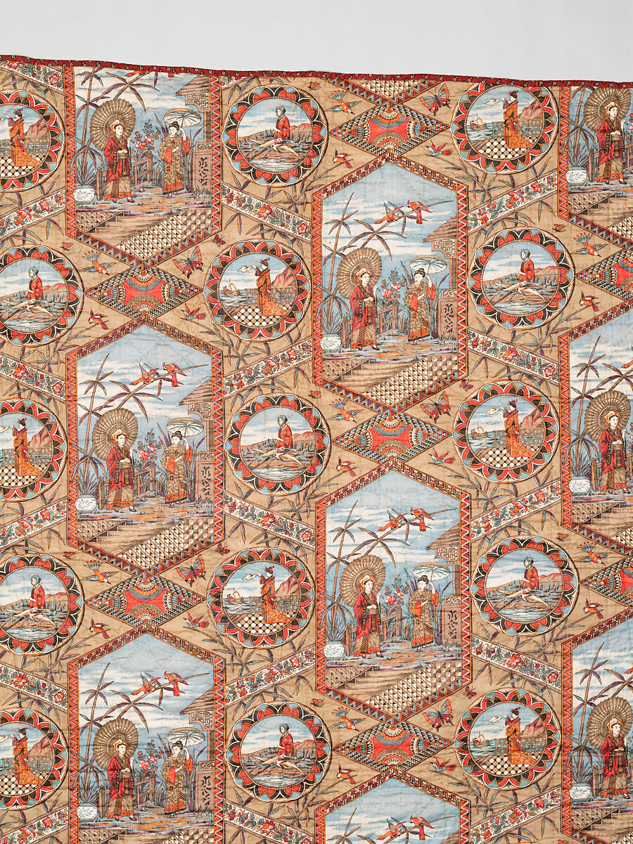 Thirteen-patch block quilt with Japanesque backing fabric, Unknown Maker, American, Cotton, American