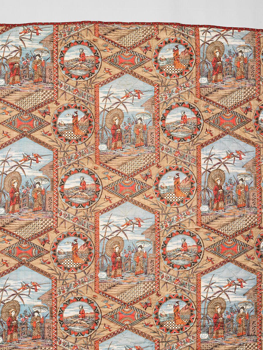 Thirteen-patch block quilt with Japanesque backing fabric, Unknown Maker, American, Cotton, American