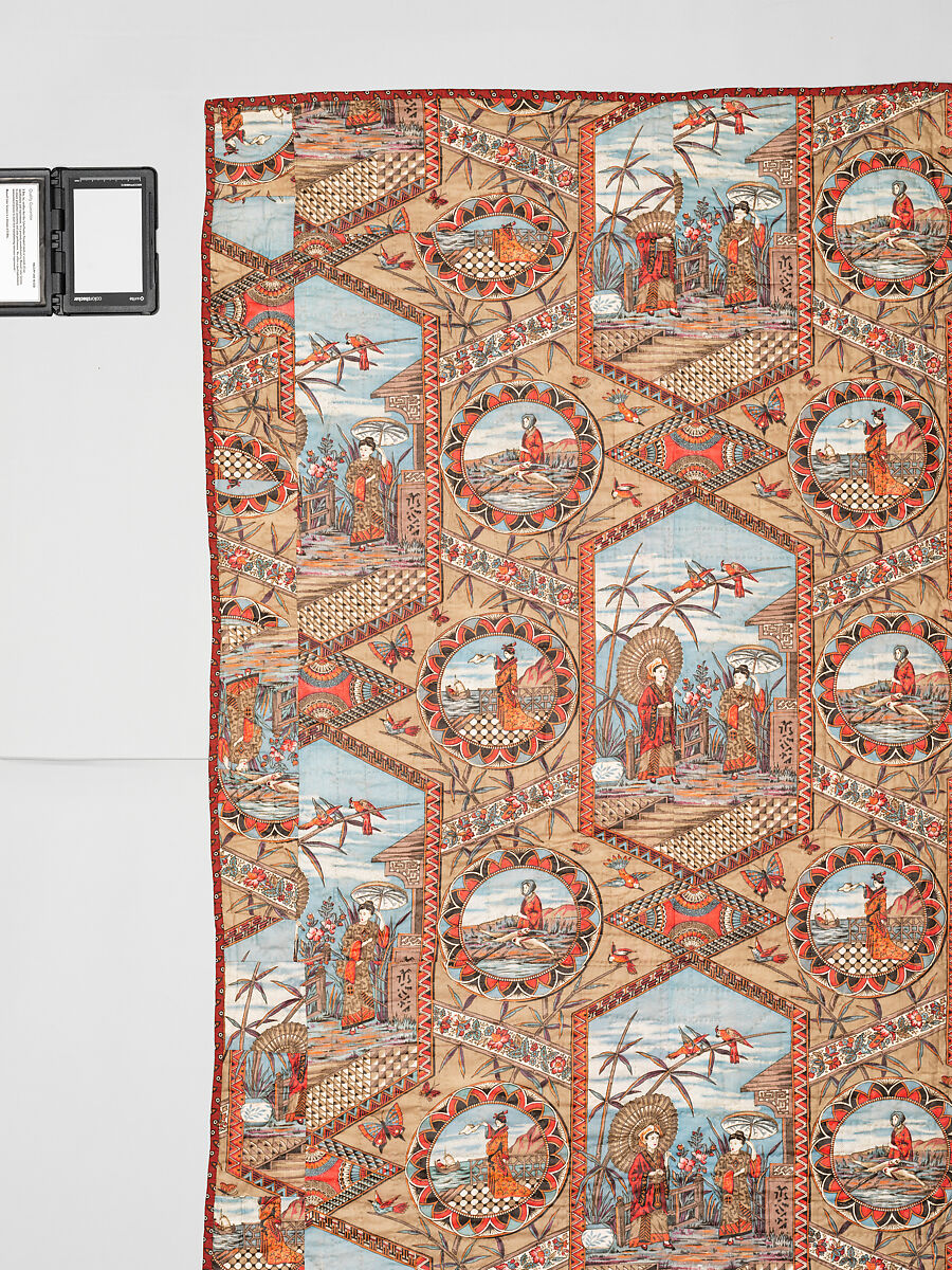 Thirteen-patch block quilt with Japanesque backing fabric, Unknown Maker, American, Cotton, American