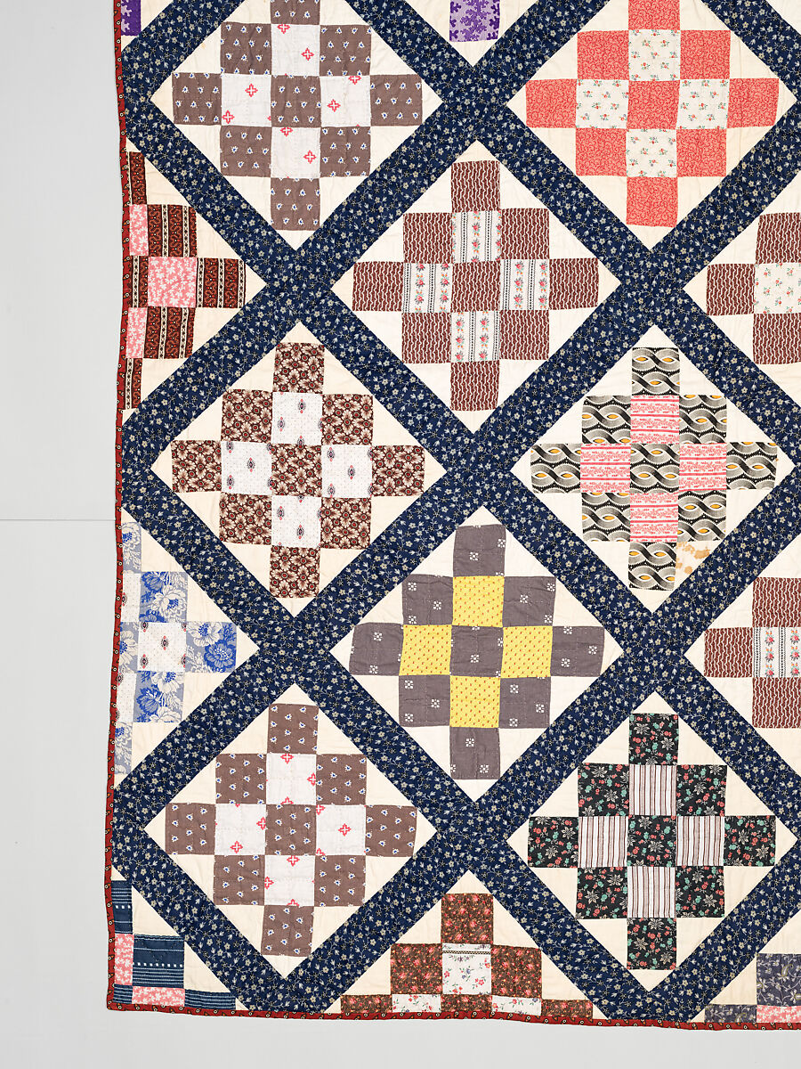 Thirteen-patch block quilt with Japanesque backing fabric, Unknown Maker, American, Cotton, American