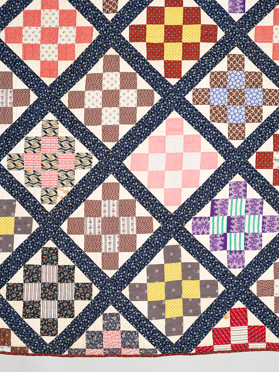 Thirteen-patch block quilt with Japanesque backing fabric, Unknown Maker, American, Cotton, American