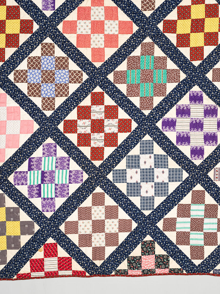 Thirteen-patch block quilt with Japanesque backing fabric, Unknown Maker, American, Cotton, American