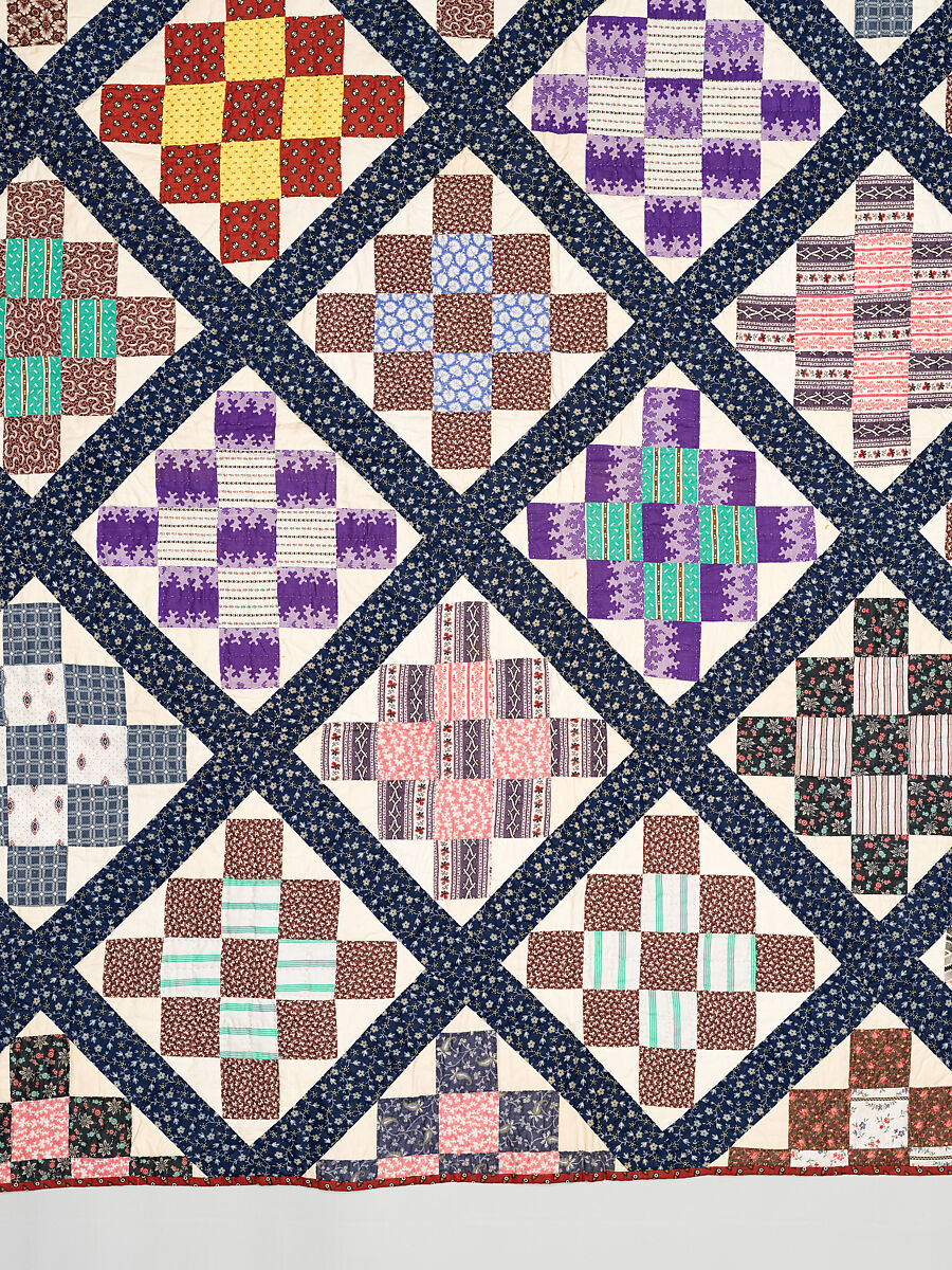 Thirteen-patch block quilt with Japanesque backing fabric, Unknown Maker, American, Cotton, American