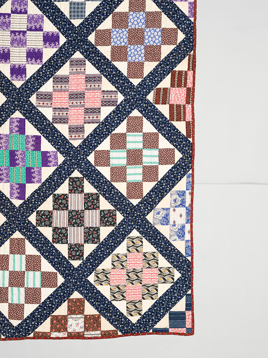 Thirteen-patch block quilt with Japanesque backing fabric, Unknown Maker, American, Cotton, American