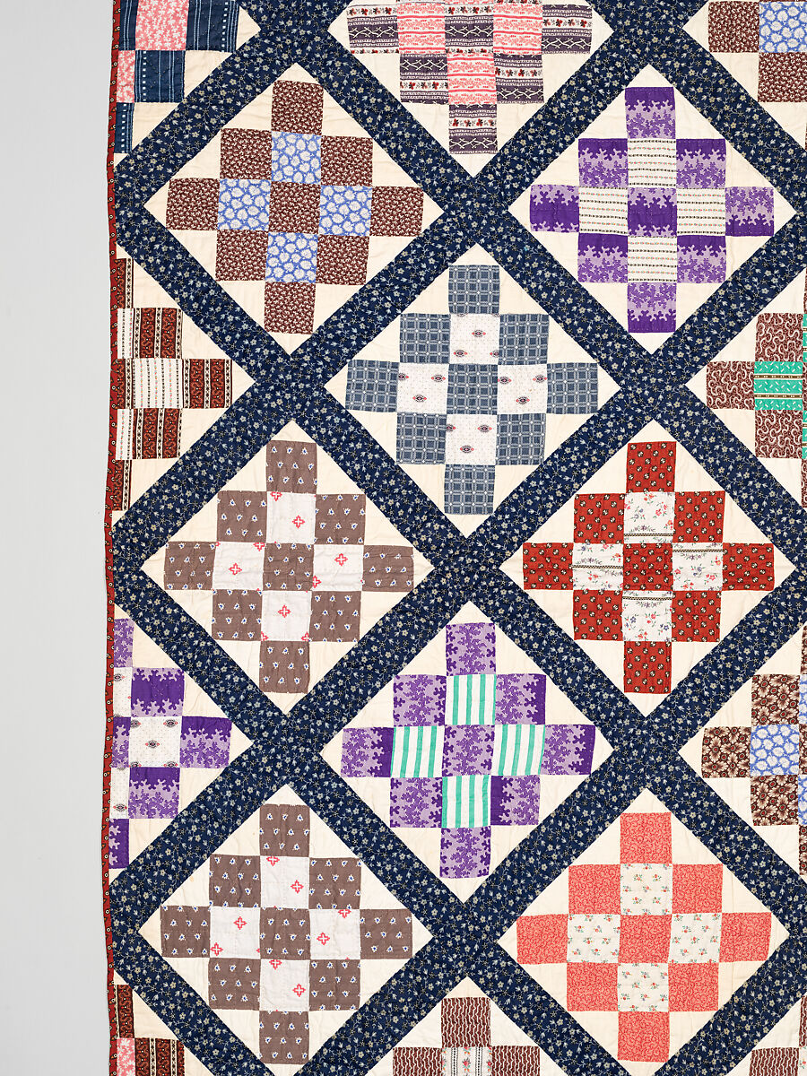 Thirteen-patch block quilt with Japanesque backing fabric, Unknown Maker, American, Cotton, American