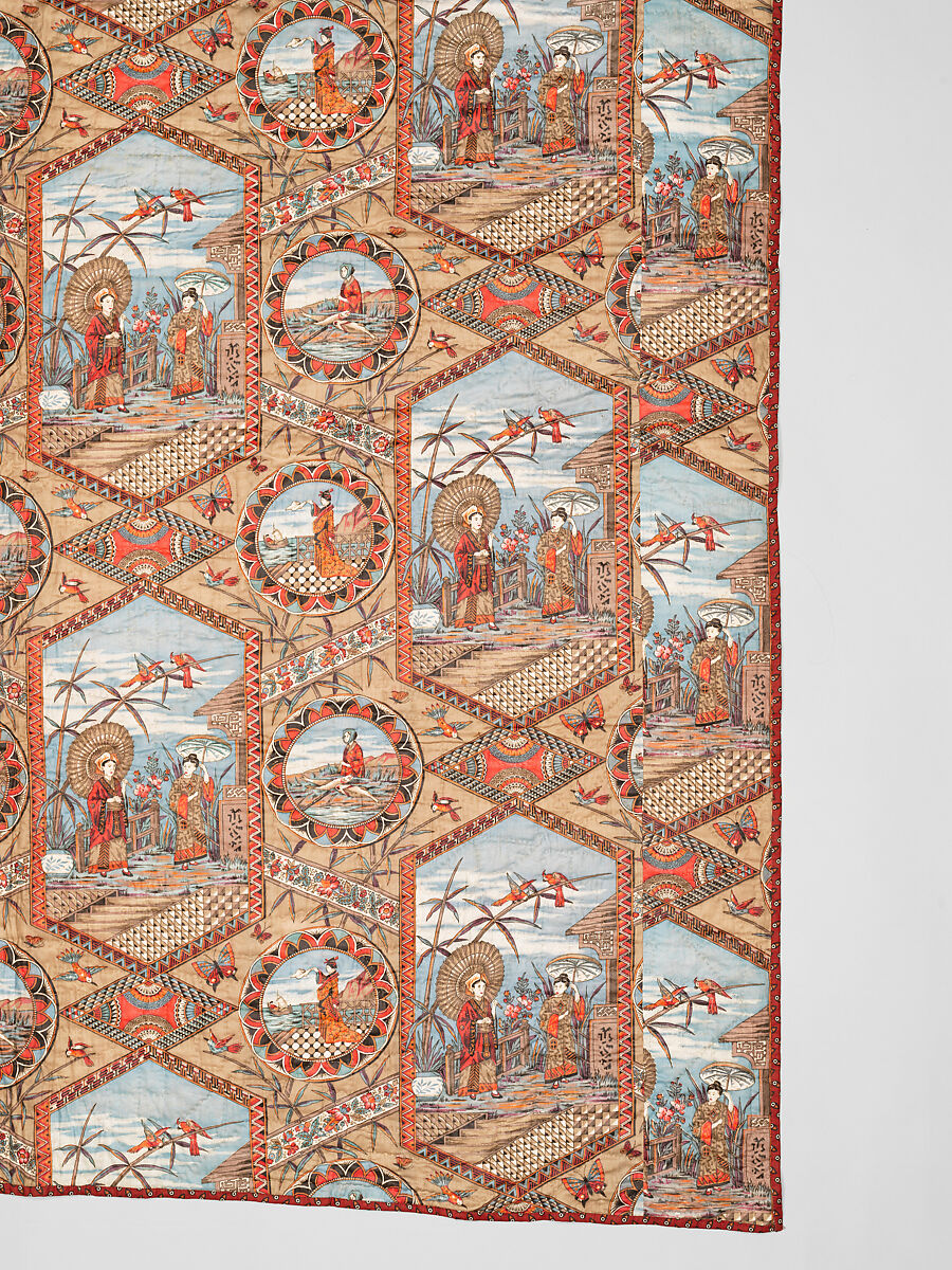 Thirteen-patch block quilt with Japanesque backing fabric, Unknown Maker, American, Cotton, American