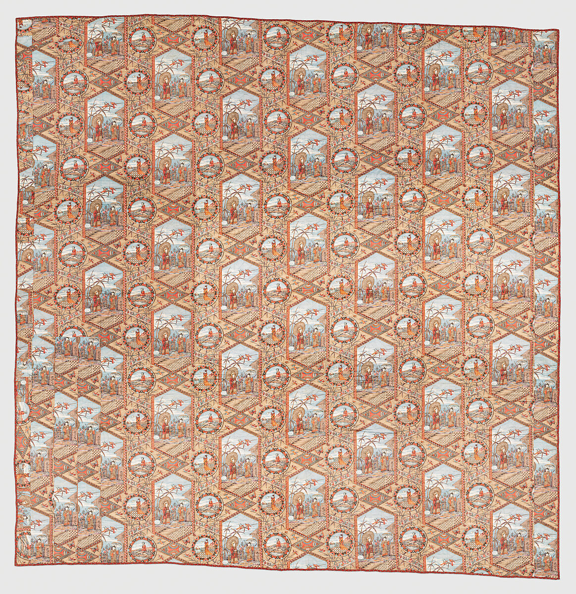 Thirteen-patch block quilt with Japanesque backing fabric, Unknown Maker, American, Cotton, American