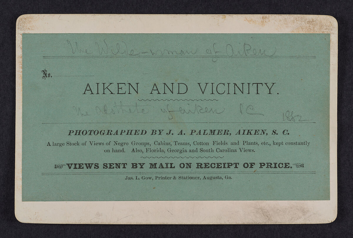"The Wilde Woman of Aiken," from the "Aiken and Vicinity" series, James A. Palmer (Irish-American, 1825–1896), Albumen silver print from glass negative, American