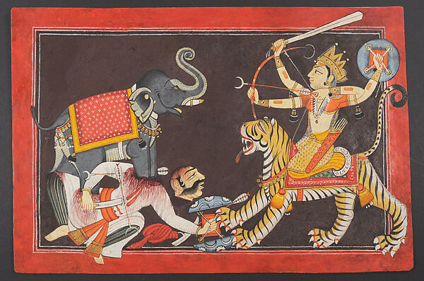 Durga confronting the Demon Mahisha in the form of an Elephant, folio from a dispersed Devi Mahatmya series, Master at the Court of Mankot (active ca. 1680–1730), Opaque watercolor and gold on paper, India, Punjab Hills, kingdom of Mankot 