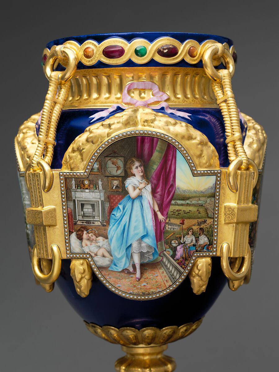 Vase (New World), Decorated by Joseph S. Potter (1822–1904), Porcelain with enameled and gilded decoration, American