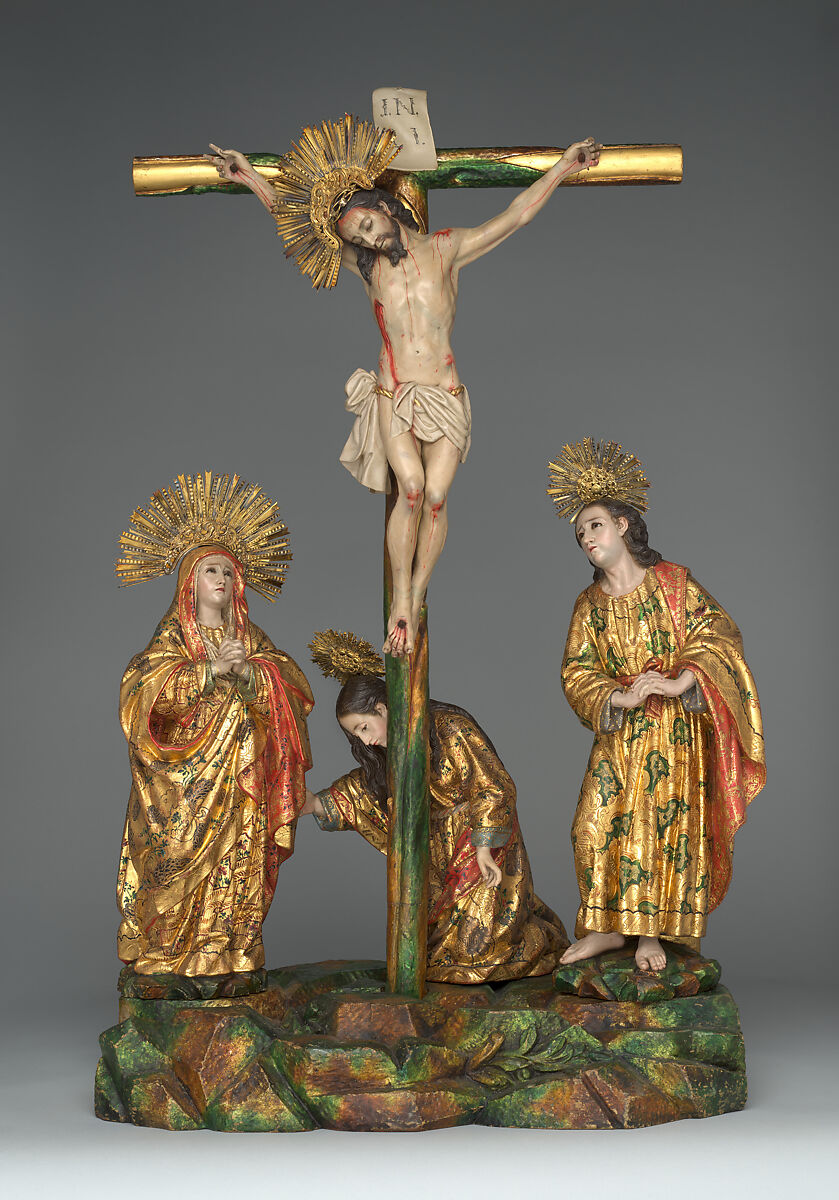 Calvary, Unknown artists, Guatemala, late 18th century, Polychrome wood, gilt silver, glass, hair, Guatemalan 