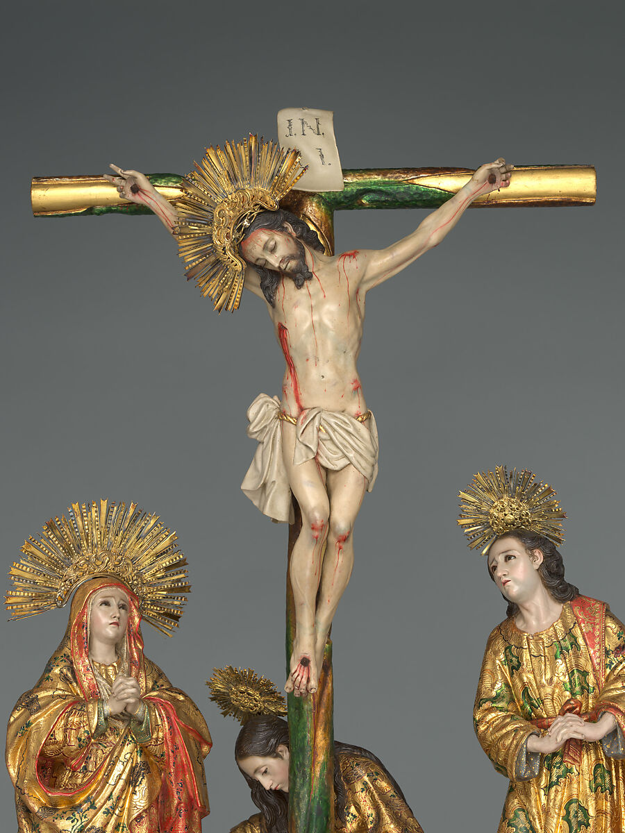 Calvary, Unknown artists, Guatemala, late 18th century, Polychrome wood, gilt silver, glass, hair, Guatemalan
