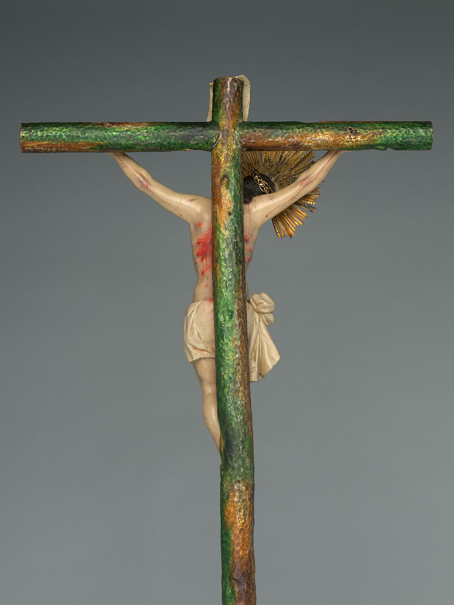 Calvary, Unknown artists, Guatemala, late 18th century, Polychrome wood, gilt silver, glass, hair, Guatemalan