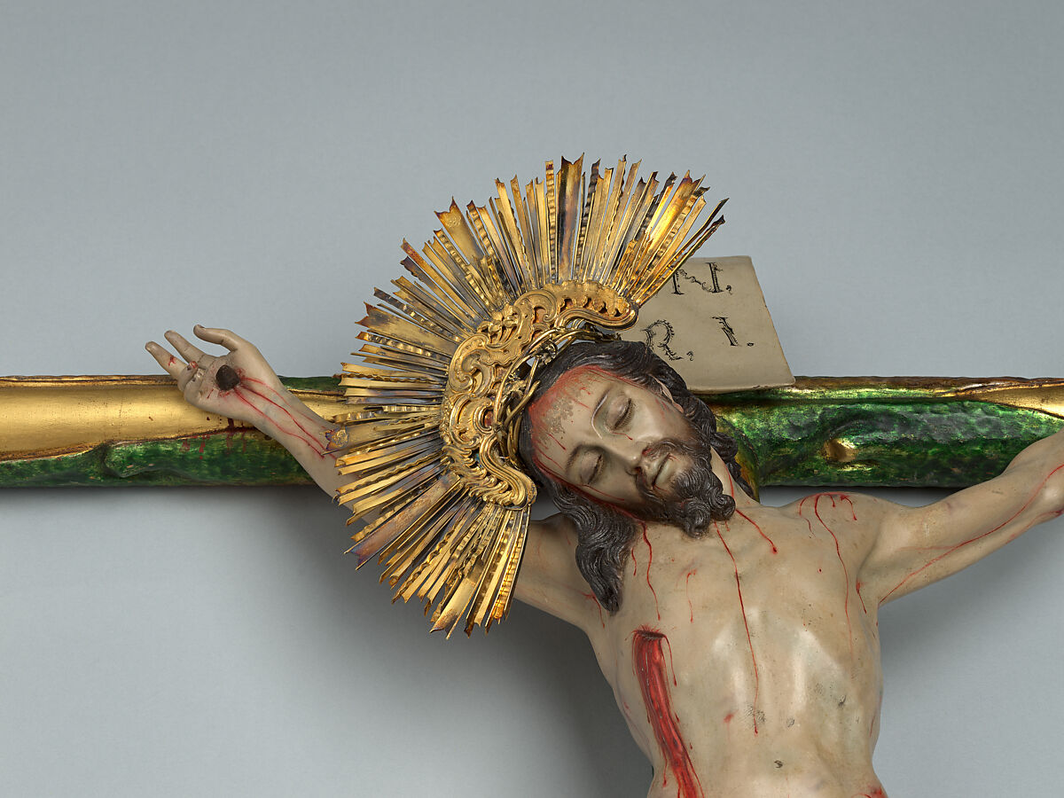 Calvary, Unknown artists, Guatemala, late 18th century, Polychrome wood, gilt silver, glass, hair, Guatemalan