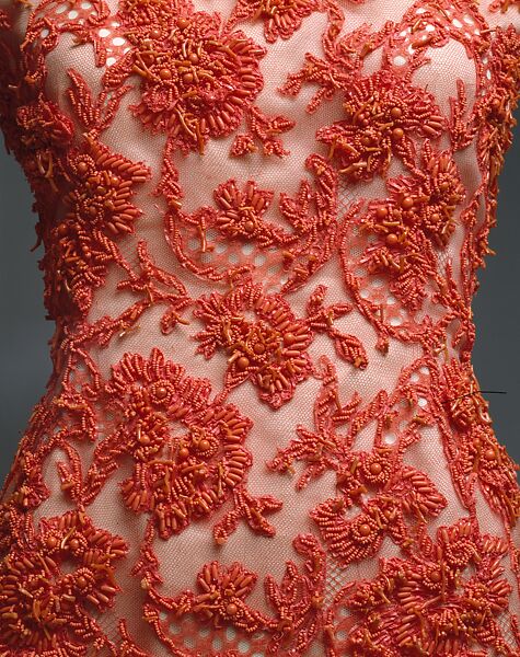 Evening dress, House of Givenchy (French, founded 1952), cotton, glass, coral, French
