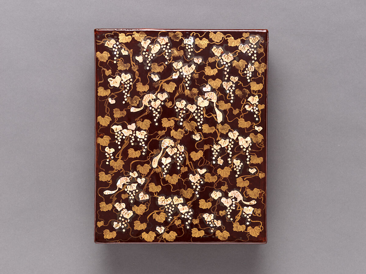 Writing box with decoration of grapes and squirrels, Black lacquer with mother-of-pearl inlay and gold painting, Japan (Ryūkyū Islands)