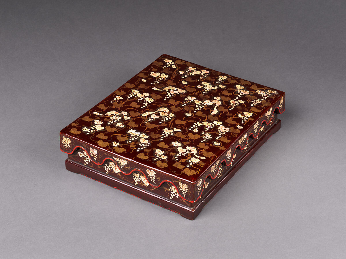Writing box with decoration of grapes and squirrels, Black lacquer with mother-of-pearl inlay and gold painting, Japan (Ryūkyū Islands) 