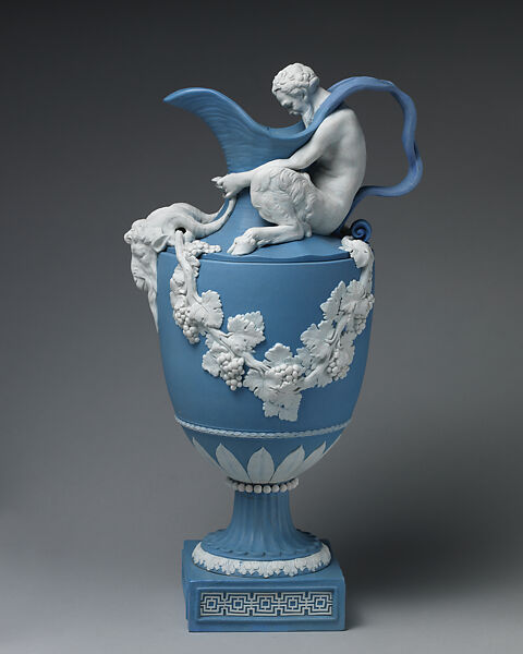 "Sacred to Bacchus" wine ewer, Josiah Wedgwood and Sons (British, Etruria, Staffordshire, 1759–present), Blue and white jasperware, British, Etruria, Staffordshire