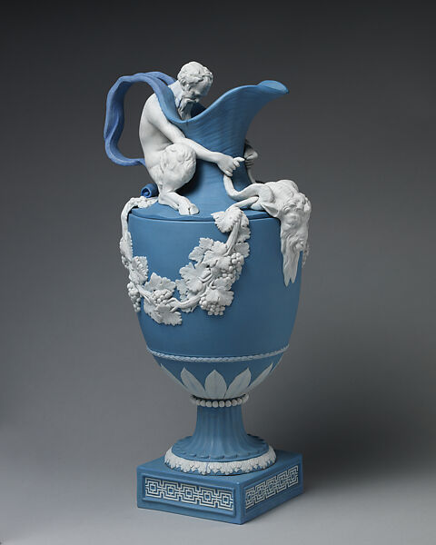 "Sacred to Bacchus" wine ewer, Josiah Wedgwood and Sons (British, Etruria, Staffordshire, 1759–present), Blue and white jasperware, British, Etruria, Staffordshire 