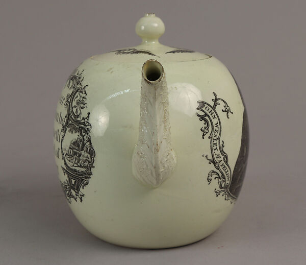 Teapot with depiction of John Wesley, Josiah Wedgwood and Sons (British, Etruria, Staffordshire, 1759–present), Creamware, tranfer printed, British, Liverpool