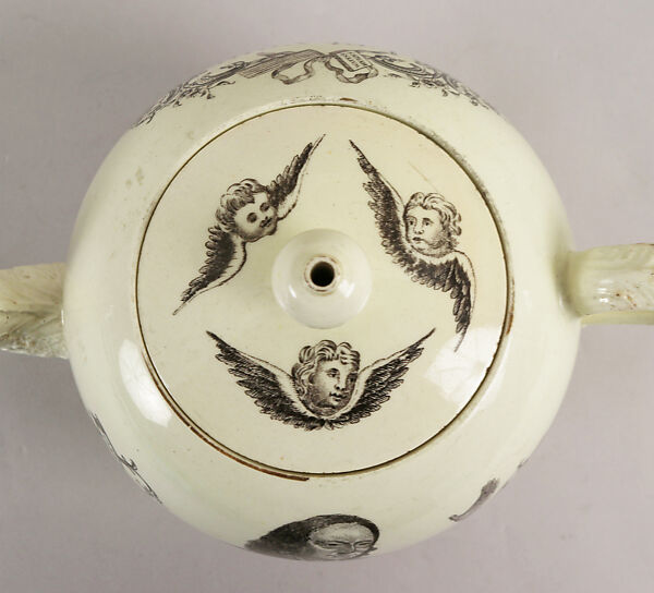 Teapot with depiction of John Wesley, Josiah Wedgwood and Sons (British, Etruria, Staffordshire, 1759–present), Creamware, tranfer printed, British, Liverpool