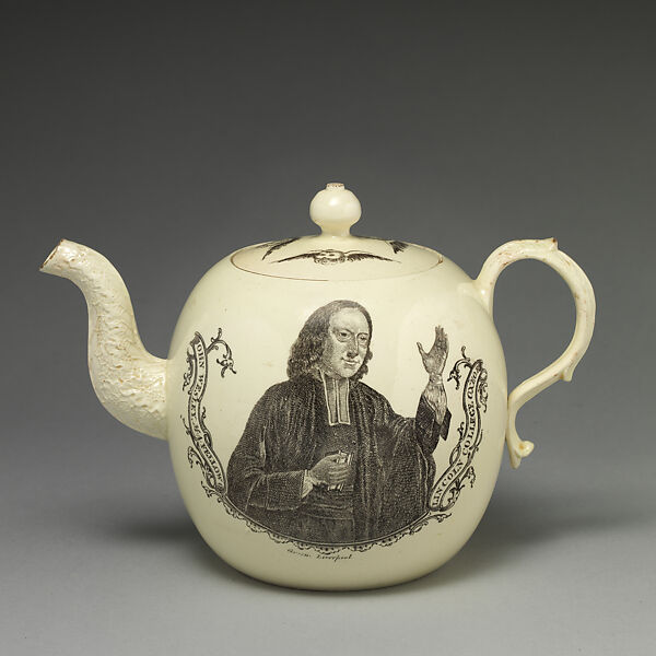 Teapot with depiction of John Wesley, Josiah Wedgwood and Sons (British, Etruria, Staffordshire, 1759–present), Creamware, tranfer printed, British, Liverpool 