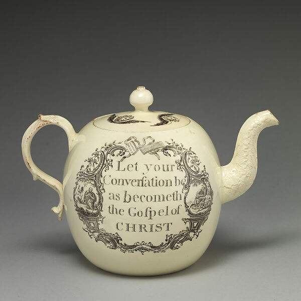 Teapot with depiction of John Wesley, Josiah Wedgwood and Sons (British, Etruria, Staffordshire, 1759–present), Creamware, tranfer printed, British, Liverpool
