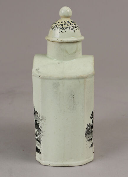 Tea caddy with “The Tea Party” and “The Shepherd”, Josiah Wedgwood (British, Burslem, Stoke-on-Trent 1730–1795 Burslem, Stoke-on-Trent), Creamware; transfer printed, British, Etruria, Staffordshire