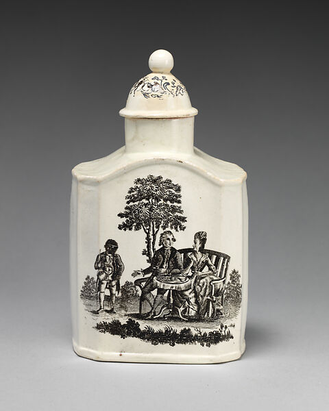 Tea caddy with “The Tea Party” and “The Shepherd”, Josiah Wedgwood (British, Burslem, Stoke-on-Trent 1730–1795 Burslem, Stoke-on-Trent), Creamware; transfer printed, British, Etruria, Staffordshire 