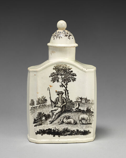 Tea caddy with “The Tea Party” and “The Shepherd”, Josiah Wedgwood (British, Burslem, Stoke-on-Trent 1730–1795 Burslem, Stoke-on-Trent), Creamware; transfer printed, British, Etruria, Staffordshire