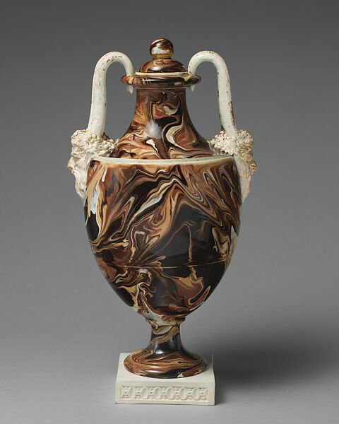 Agateware vase and cover, Wedgwood and Bentley (British, Etruria, Staffordshire, 1769–1780), Glazed earthenware decorated with agate glaze, gilt and jasperware base, British, Etruria, Staffordshire 