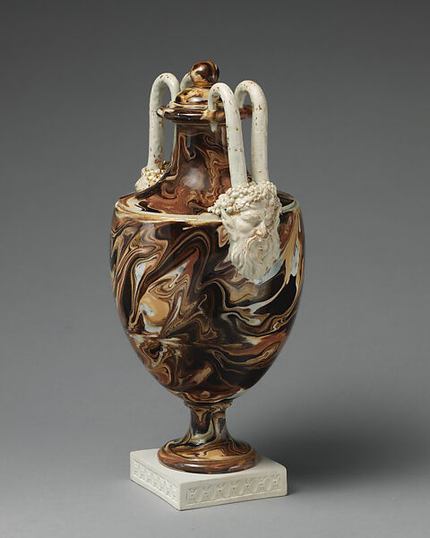 Agateware vase and cover, Wedgwood and Bentley (British, Etruria, Staffordshire, 1769–1780), Glazed earthenware decorated with agate glaze, gilt and jasperware base, British, Etruria, Staffordshire