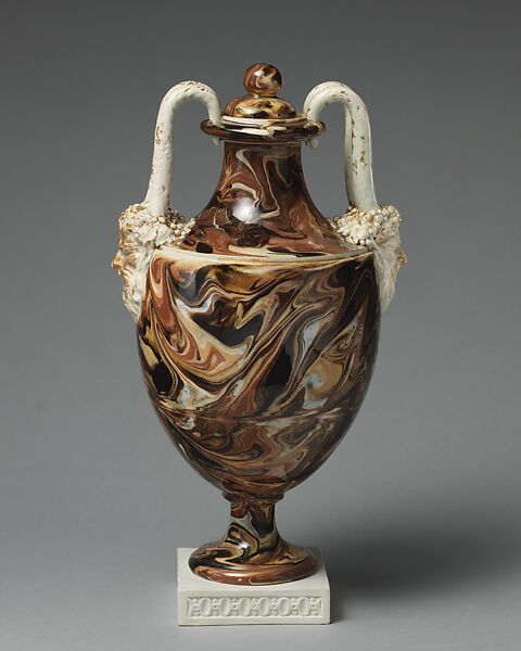 Agateware vase and cover, Wedgwood and Bentley (British, Etruria, Staffordshire, 1769–1780), Glazed earthenware decorated with agate glaze, gilt and jasperware base, British, Etruria, Staffordshire