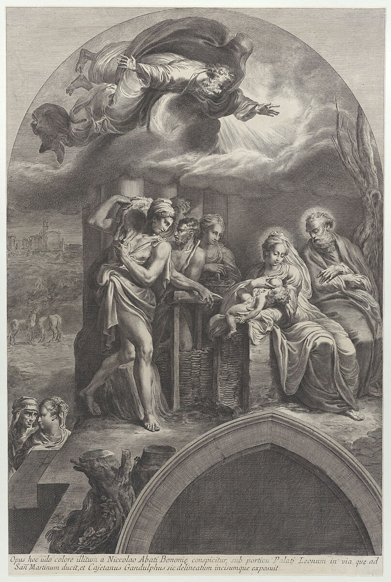 The Adoration of the Shepherds, with God the Father overhead, Gaetano Gandolfi (Italian, San Matteo della Decima 1734–1802 Bologna), Engraving 