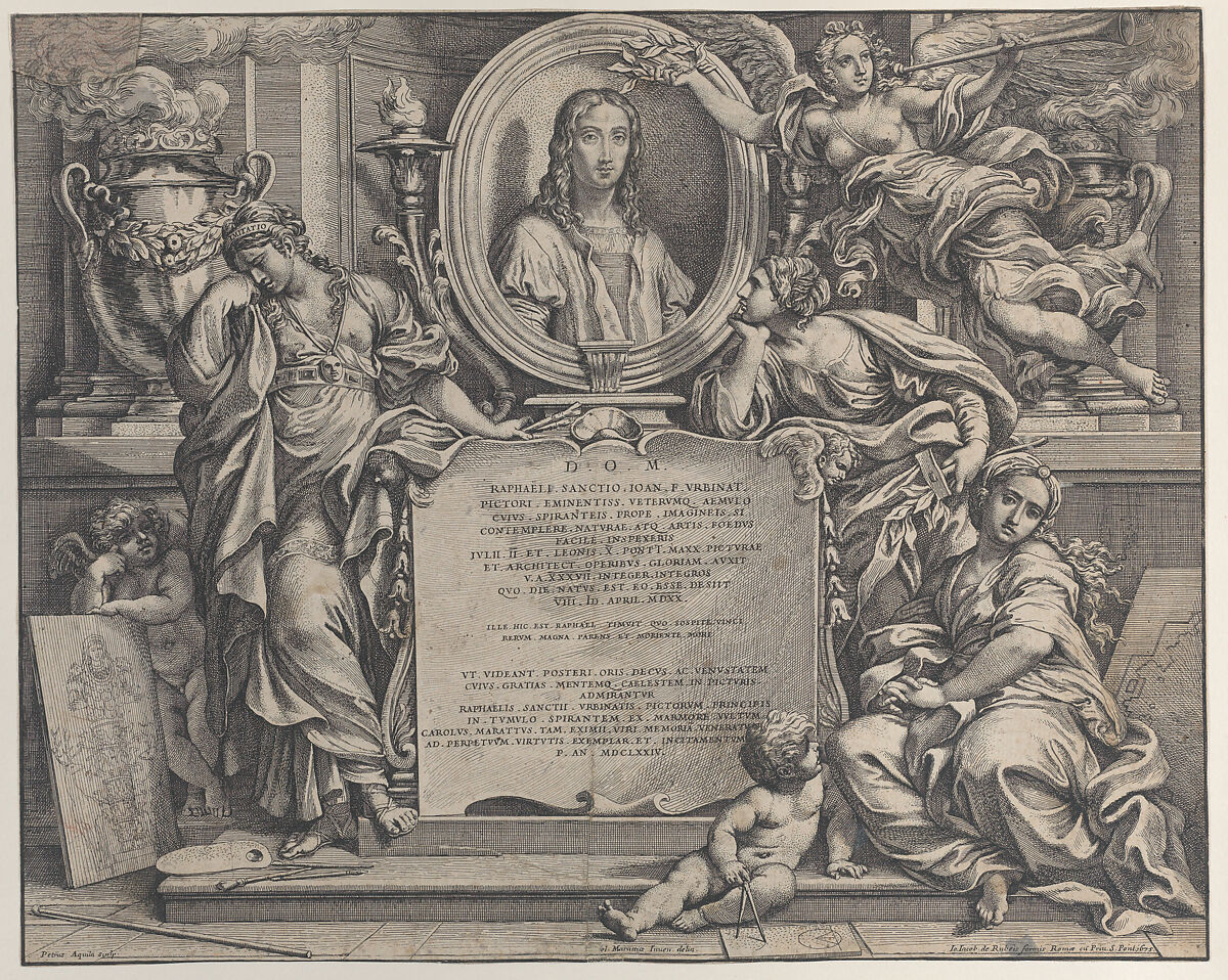 Frontispiece with oval portrait of Raphael, with three allegorical figures of the Arts supporting the tablet at center, Pietro Aquila (Italian, Marsala, Sicily 1650–1692/1700 Rome), Etching 