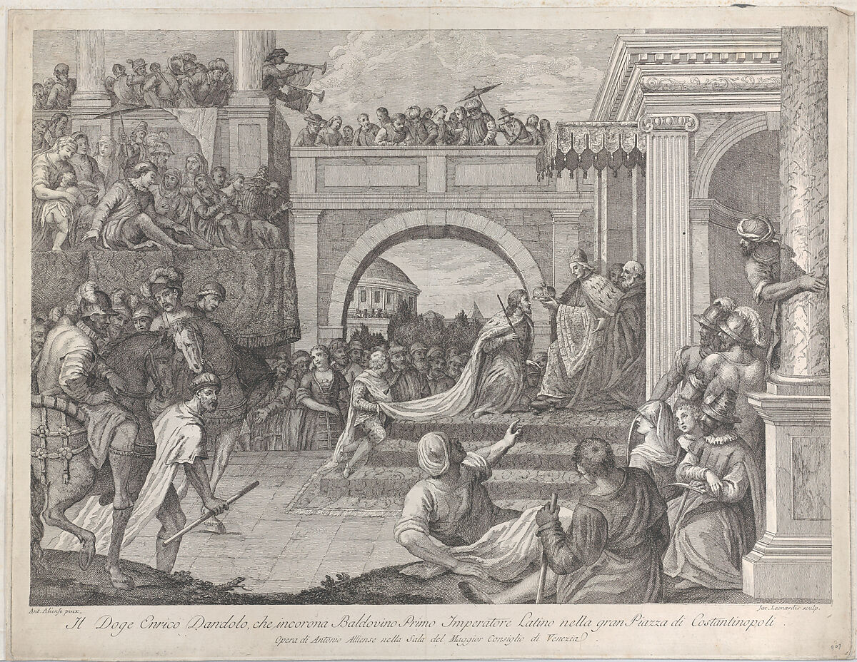 Doge Enrico Dandolo crowns Baldovino the first emperor of the Latin Empire of Constantinople, Giacomo Leonardis (Italian, 1723–1794), Etching 