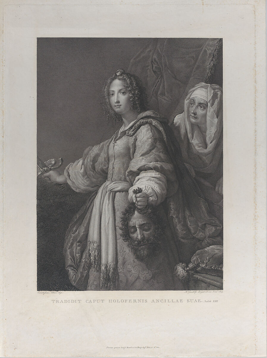 Judith holding the head of Holofernes and a sword, her maid behind her at right, Mauro Gandolfi (Italian, Bologna 1764–1834 Bologna), Engraving 