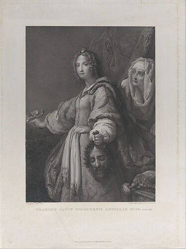 Judith holding the head of Holofernes and a sword, her maid behind her at right
