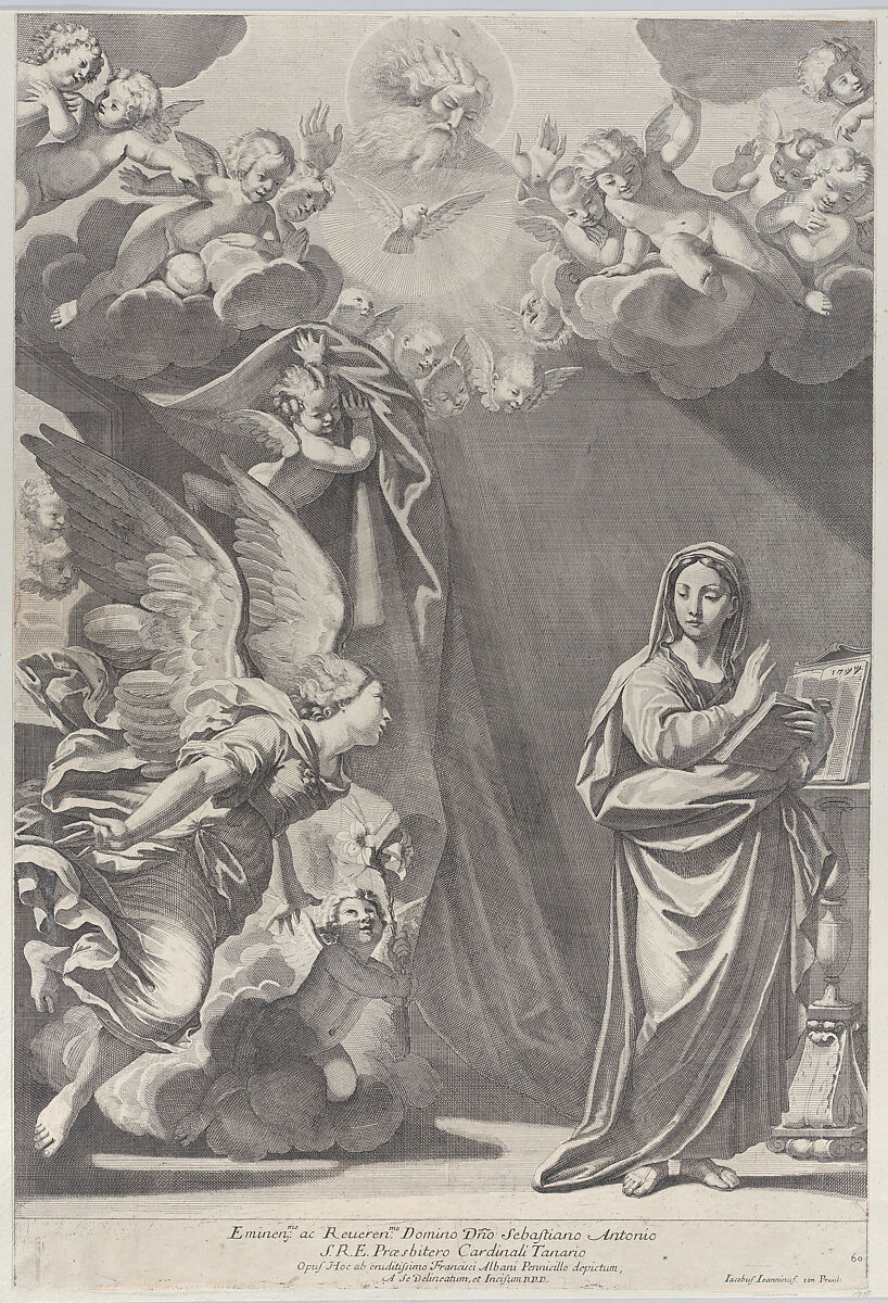 The Annunciation, with Gabriel and other angels at left and God the Father above, Giacomo-Maria Giovannini (Italian, Bologna 1667–1717 Parma), Engraving 