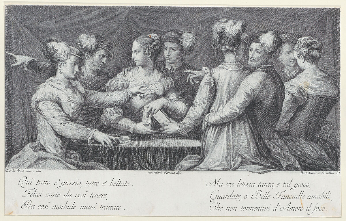 A group of elegantly dressed people playing cards, Bartolomeo Crivellari (Italian, active 18th century), Engraving 
