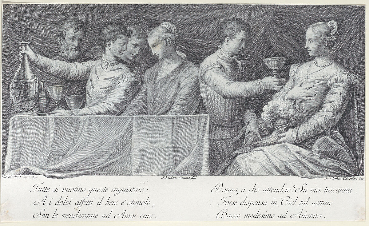 A group of elegantly dressed people drinking, Bartolomeo Crivellari (Italian, active 18th century), Engraving 