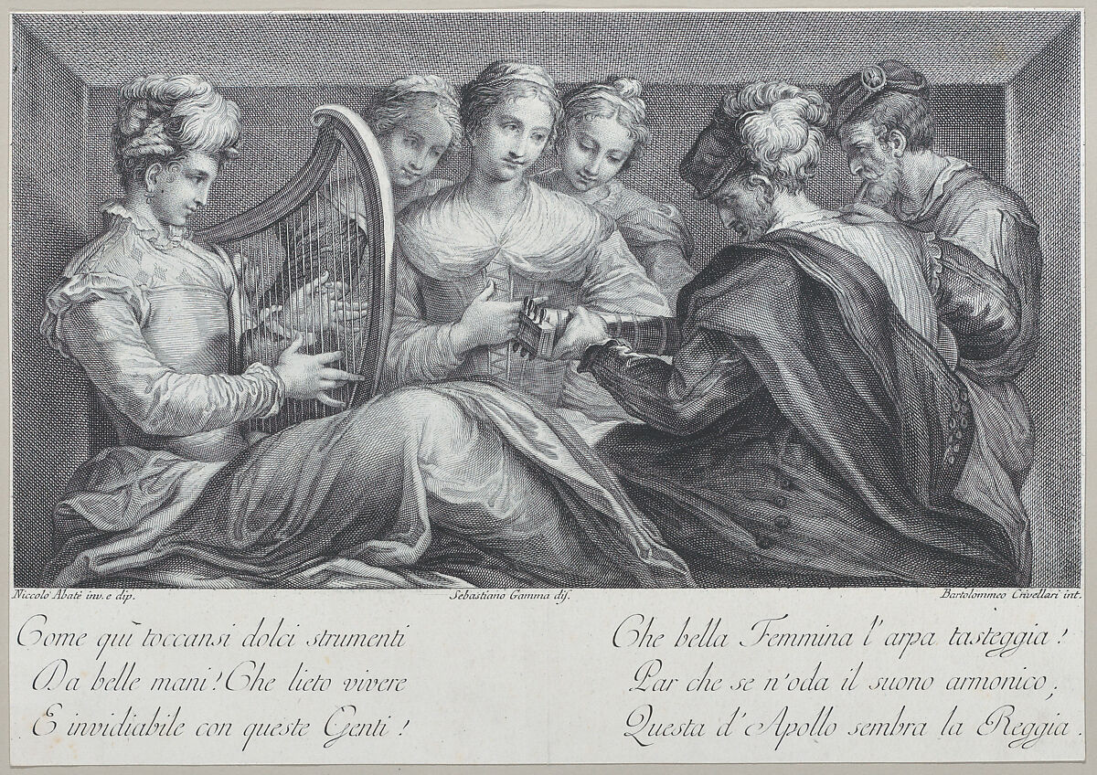 A group of elegantly dressed people playing the harp and a guitar, Bartolomeo Crivellari (Italian, active 18th century), Engraving 