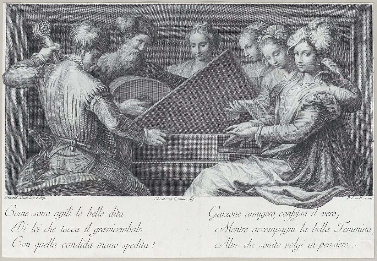 A group of elegantly dressed people playing the piano and other instruments, Bartolomeo Crivellari (Italian, active 18th century), Engraving 