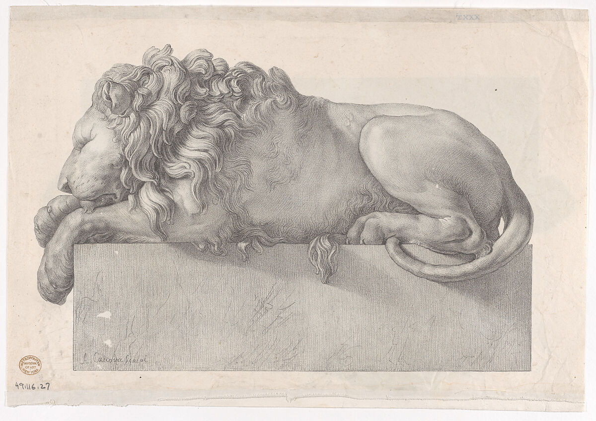 Statue of a recumbent lion, Anonymous, Lithograph; printed on both sides 