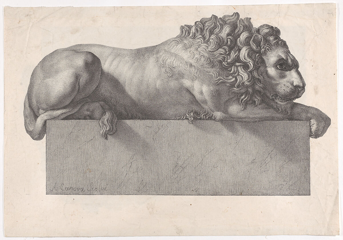 Statue of a recumbent lion, Anonymous, Lithograph; printed on both sides