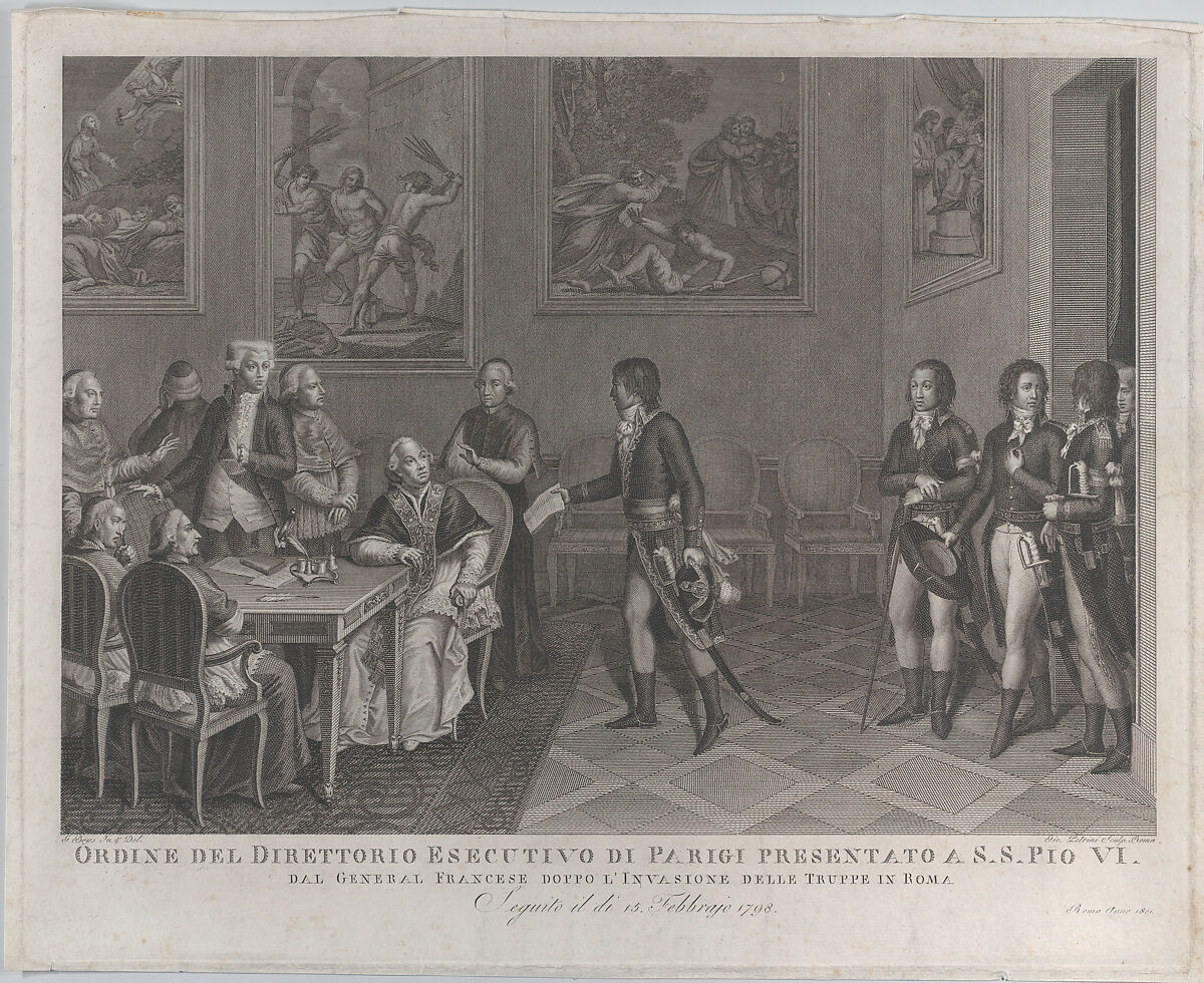 French general handing Directory order to Pope Pius VI after invasion of Rome, Giovanni Petrini (Italian, active 1800–12), Engraving 