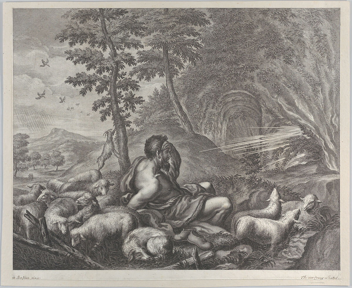 Jacob guarding Laban's flock, Theodore Cruger (German, active from 1613, died 1624), Engraving 