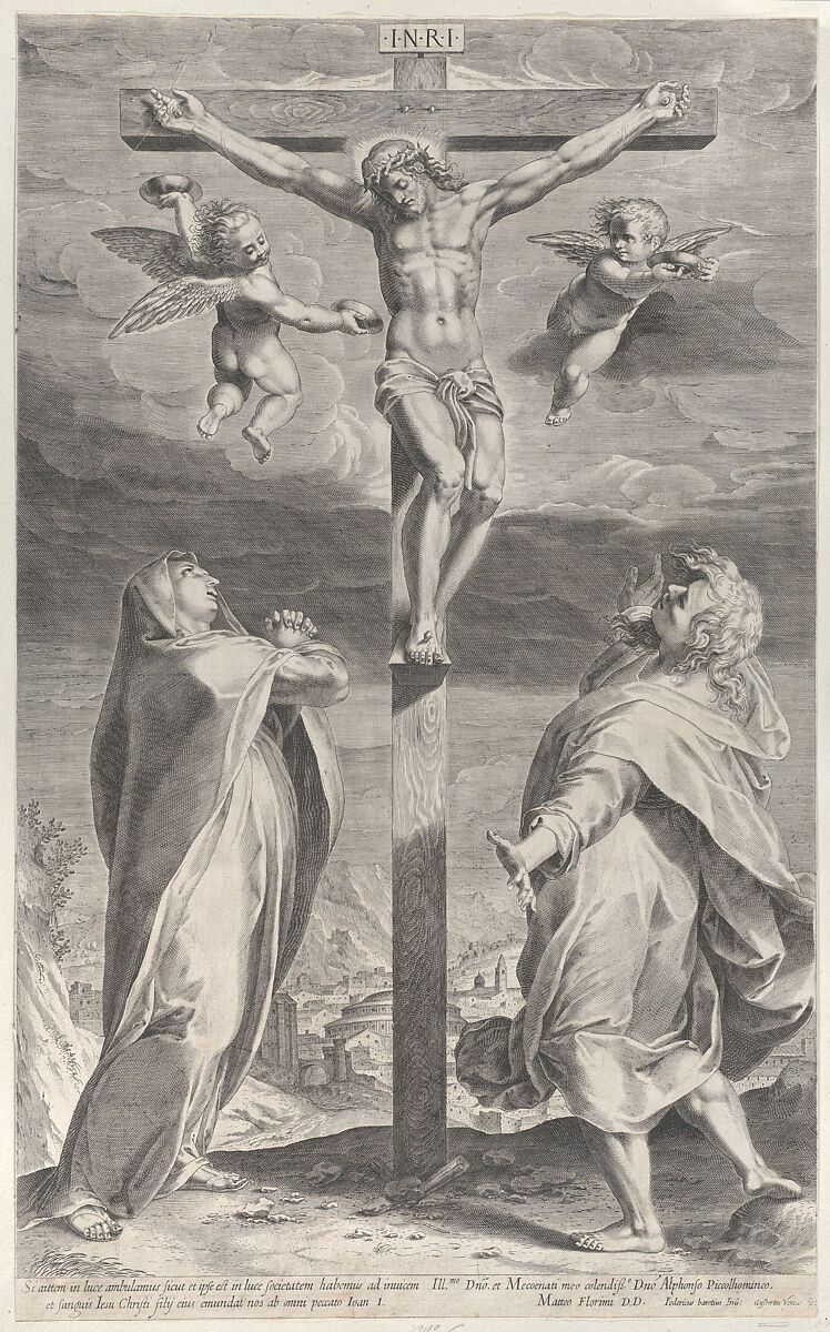 Crucifixion with the Virgin Mary and Saint John the Evangelist, angels overhead, Gijsbert Van Veen (Netherlandish, ca. 1562–1628), Engraving; first state of two 