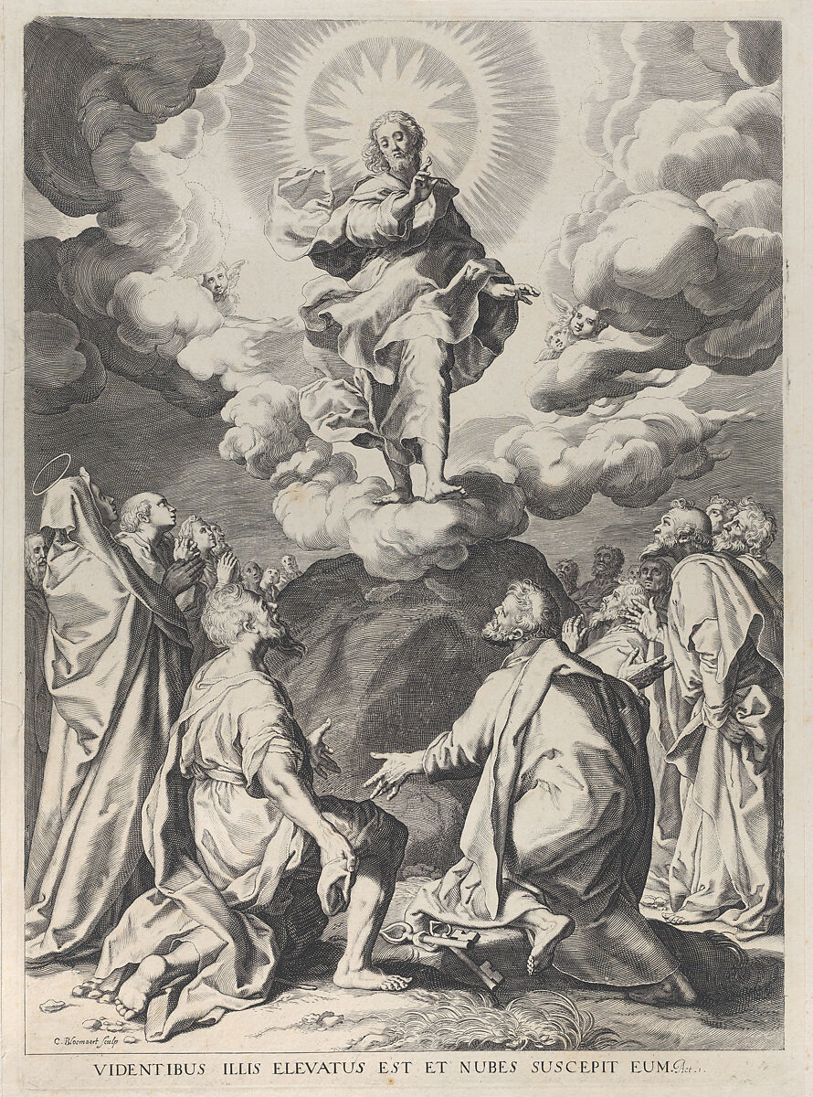 The Ascension, with Christ standing atop a rock at center, Cornelis Bloemaert (Dutch, Utrecht 1603–?1684 Rome), Engraving 