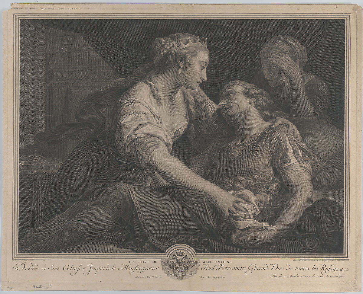 The Death of Mark Antony with Cleopatra at left, Johann Georg Wille (German (active France), Köningsberg 1715–1808 Paris), Engraving 